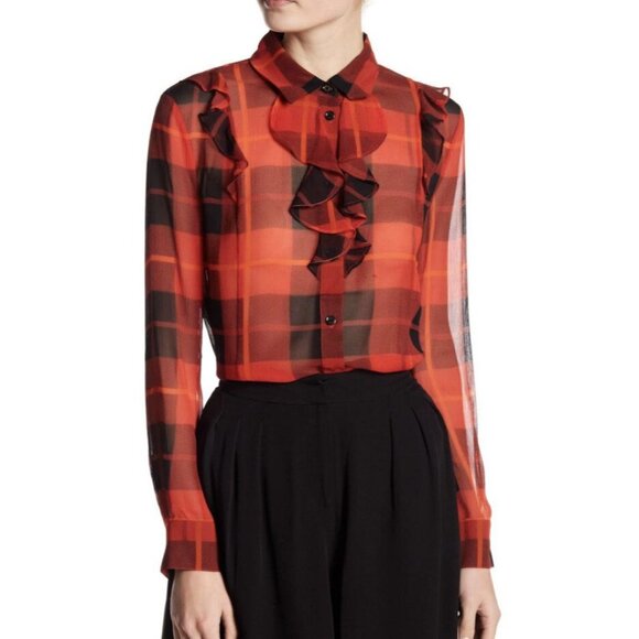 Kate Spade Womens 4 Ruffle Woodland Red Black Plaid Chiffon Blouse 100% Silk Top - Picture 3 of 12